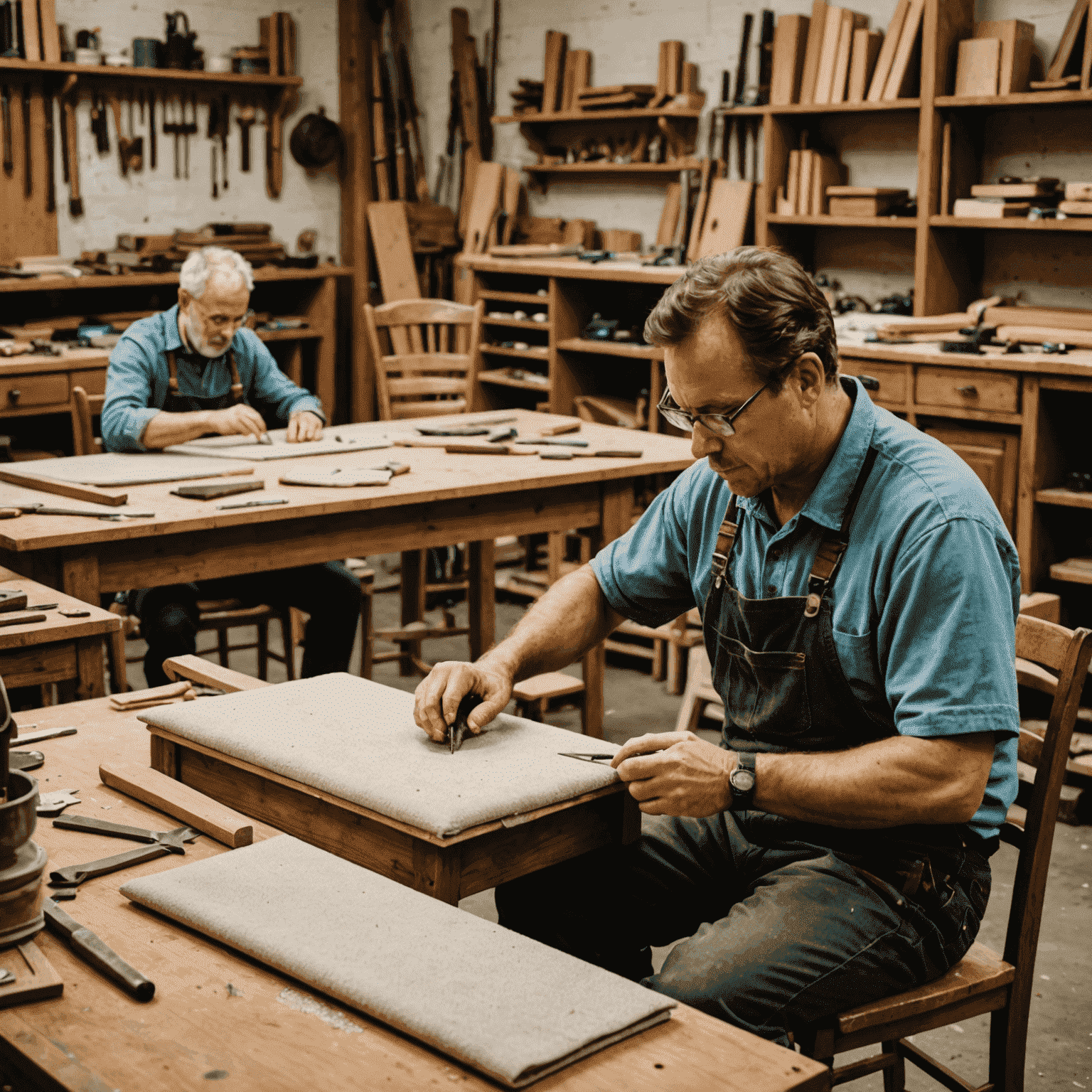 A workshop scene showing skilled artisans working on various furniture pieces. The image showcases different stages of the reupholstery process, from stripping old fabric to applying new upholstery. Tools and fabric swatches are visible, highlighting the craftsmanship involved in custom furniture reupholstery.