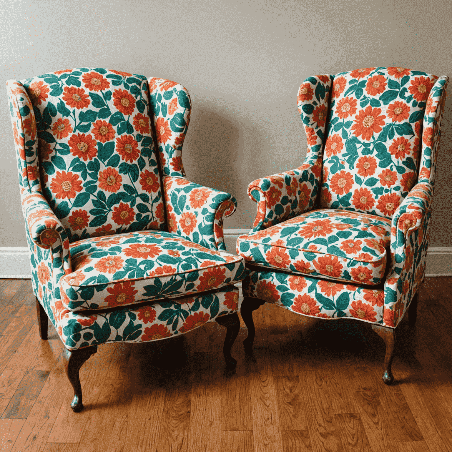 Before and after image of a reupholstered vintage armchair, showcasing the transformation from worn-out fabric to a vibrant, modern pattern