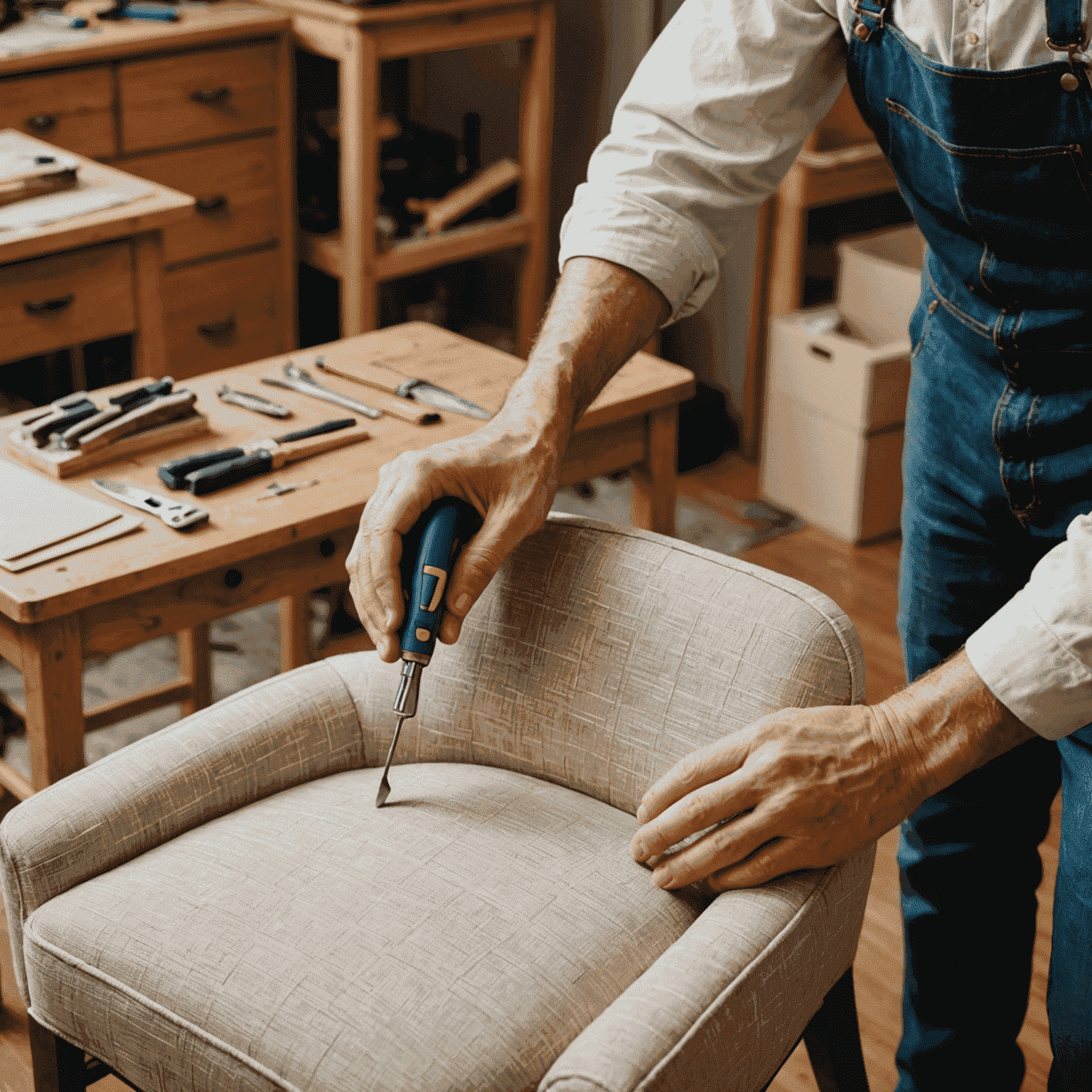 A person reupholstering a chair, with fabric, tools, and step-by-step instructions visible