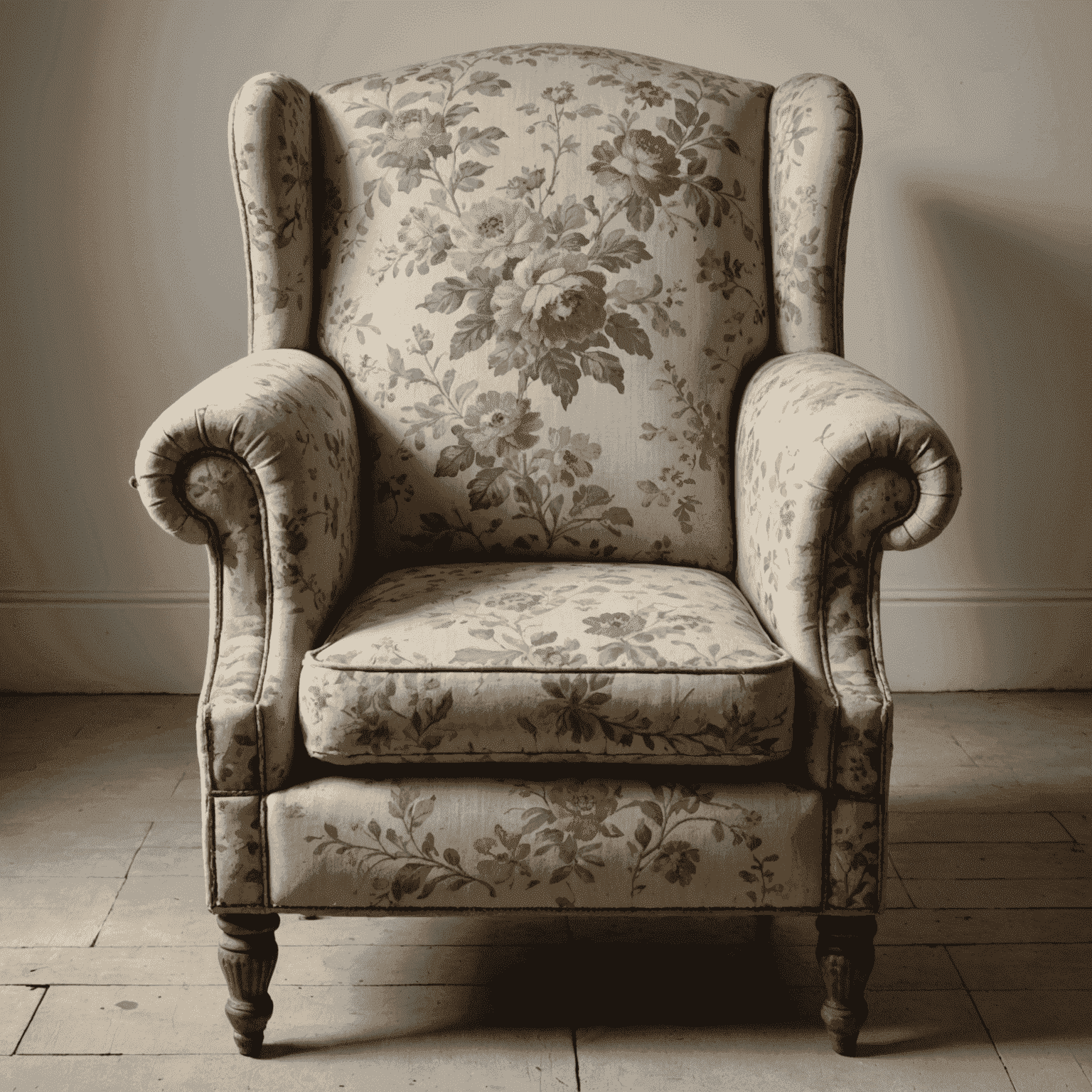 An old, worn-out armchair with faded floral upholstery and visible wear on the armrests