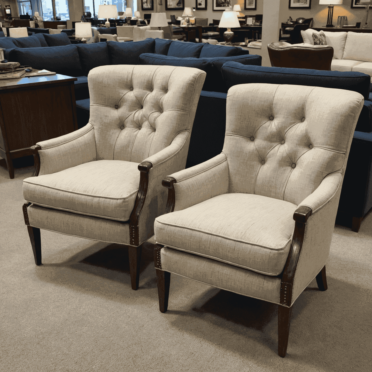 Split image showing a before and after of a reupholstered chair next to a showroom of new furniture