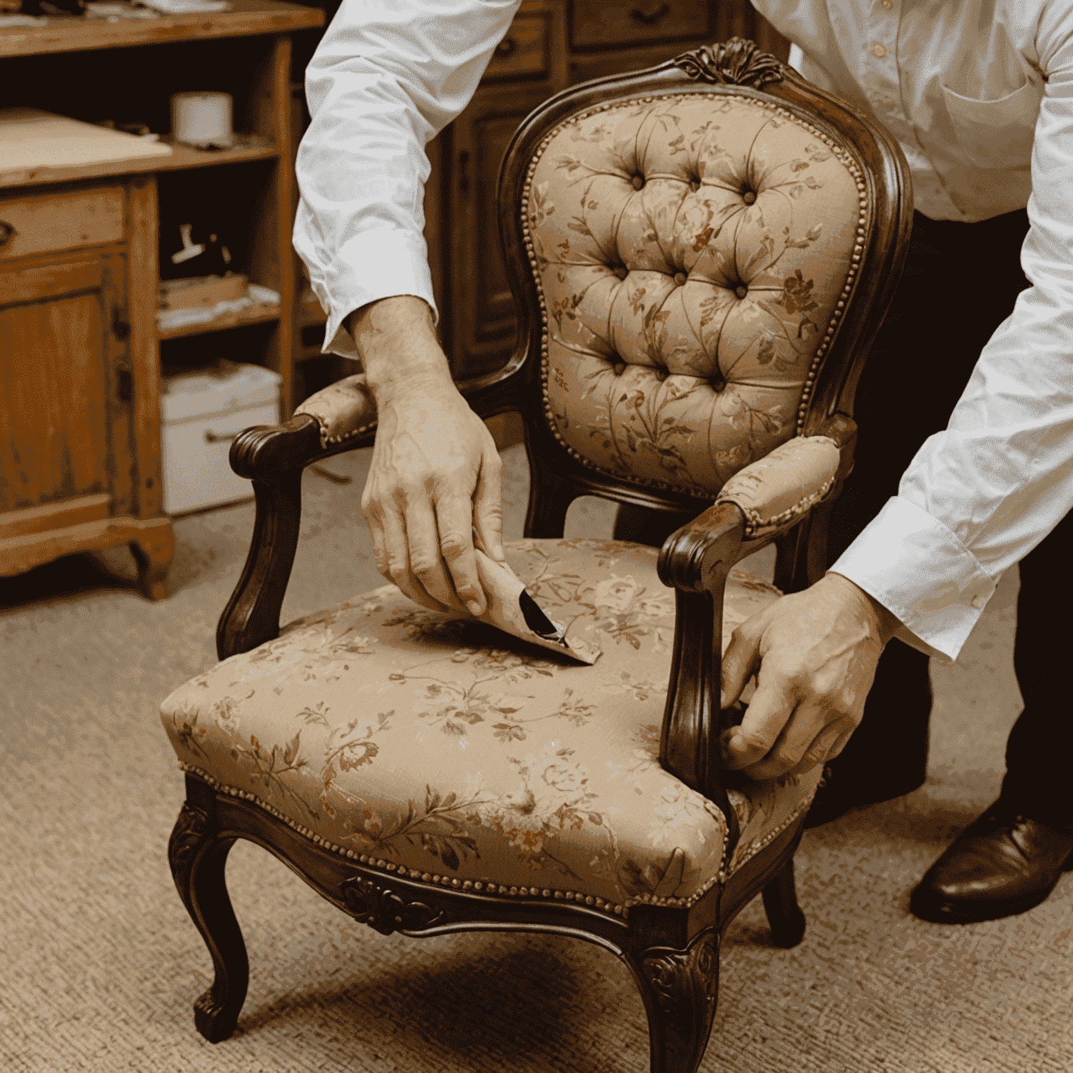 A person reupholstering a chair, showing step-by-step process of removing old fabric, adding padding, and attaching new fabric