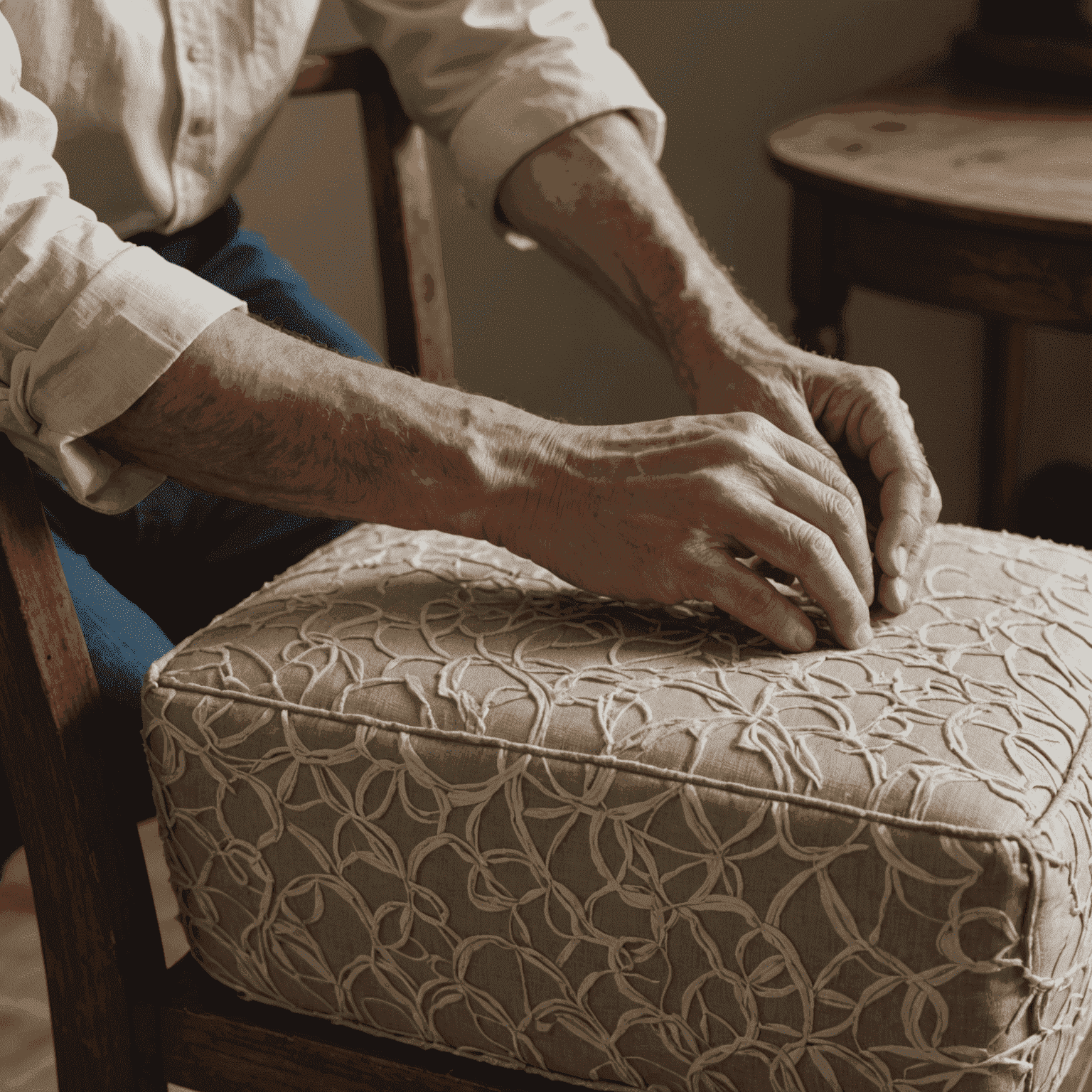 Close-up of hands removing old fabric from a chair seat, revealing the padding underneath