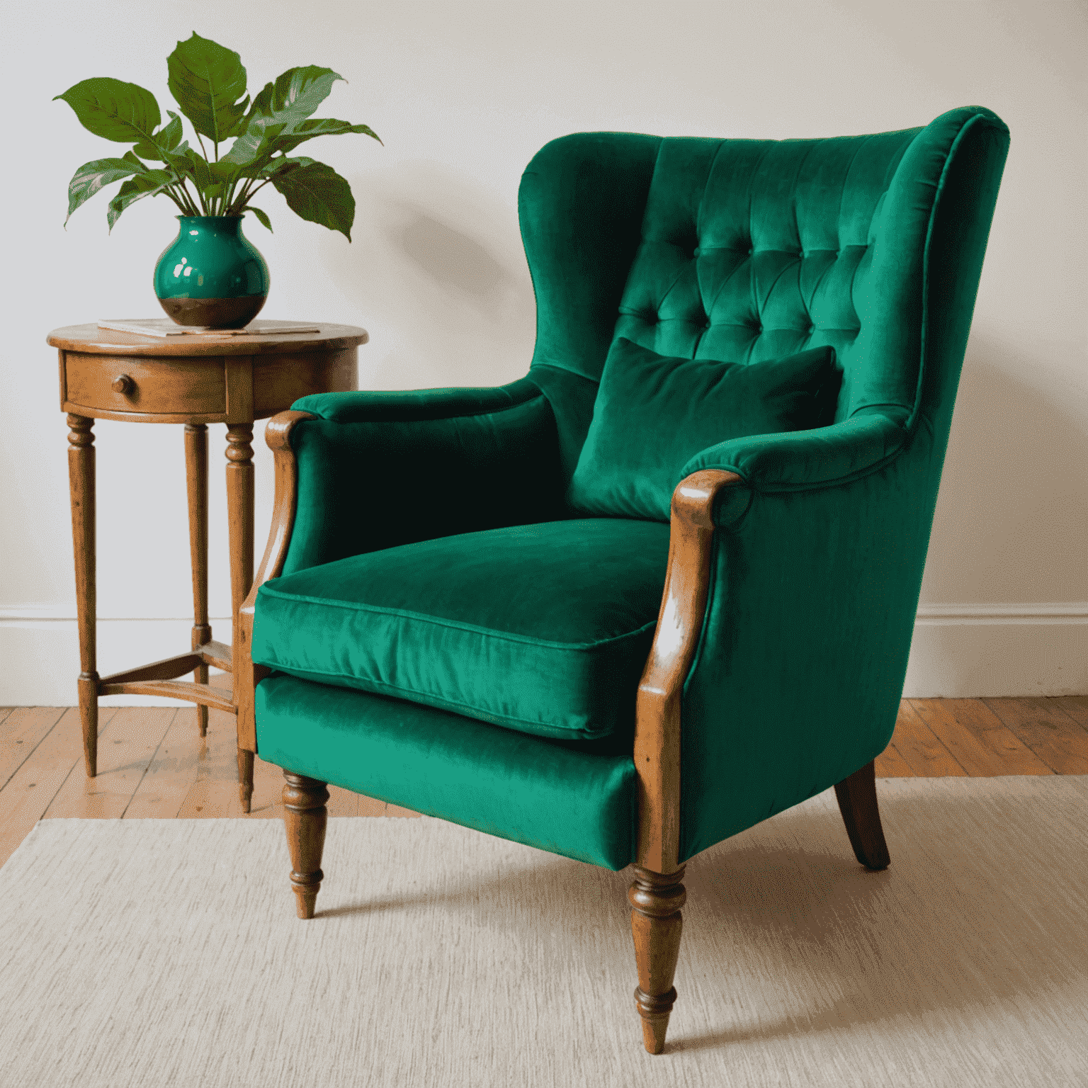 The same armchair beautifully reupholstered in a vibrant emerald green velvet fabric, with restored wooden legs