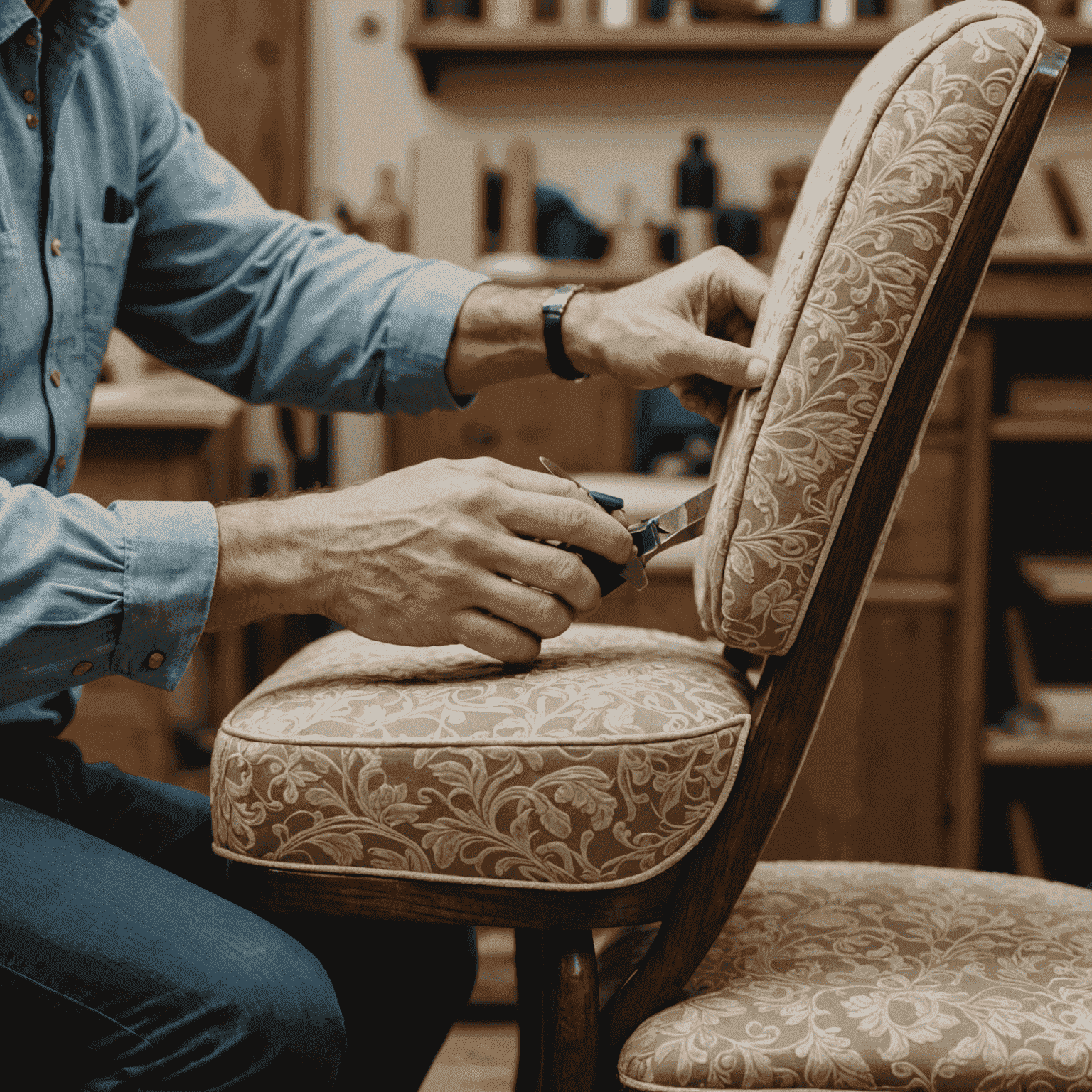 Close-up of a craftsperson reupholstering a chair, showcasing the detailed work involved