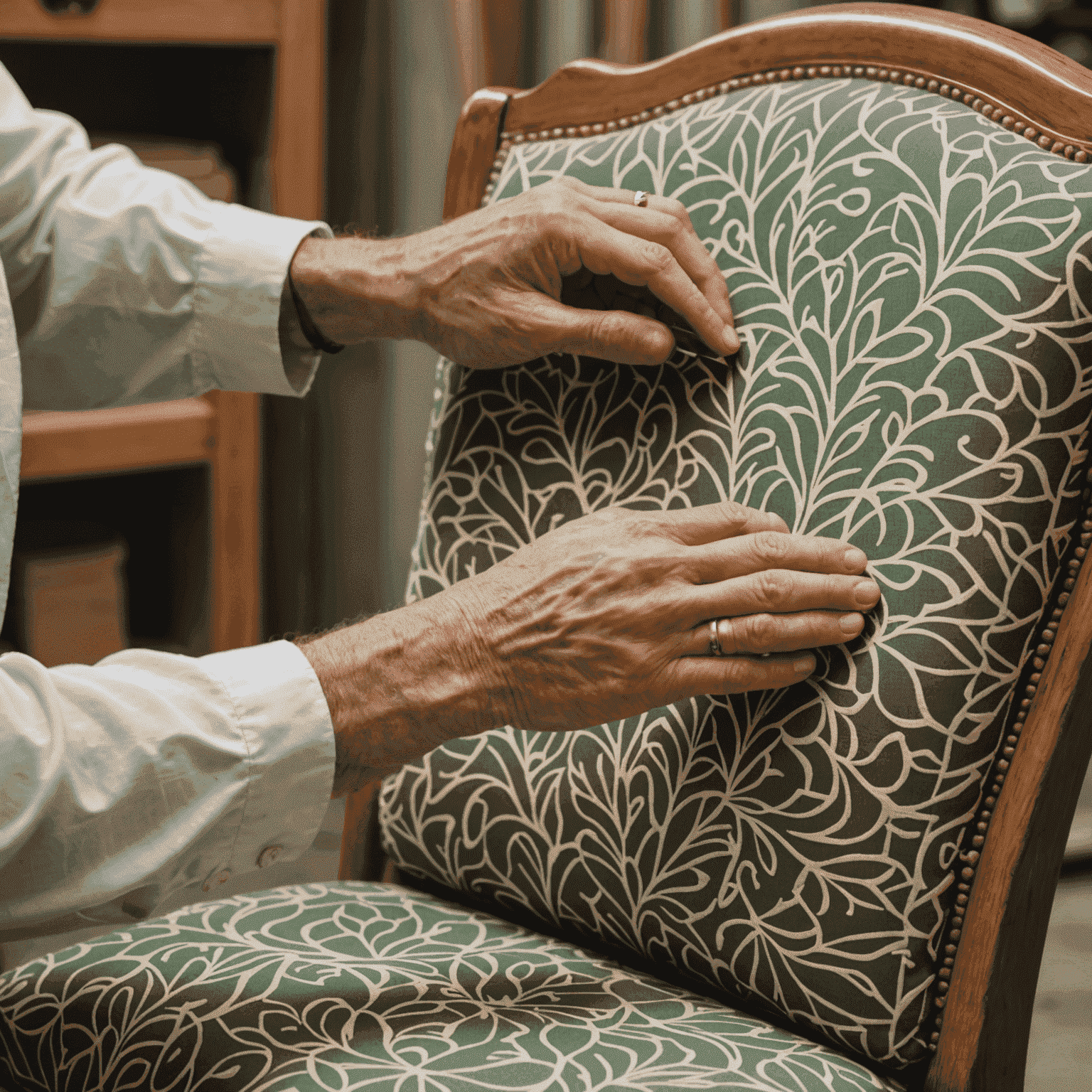 Hands smoothing out new fabric over a chair seat, aligning patterns and preparing to staple