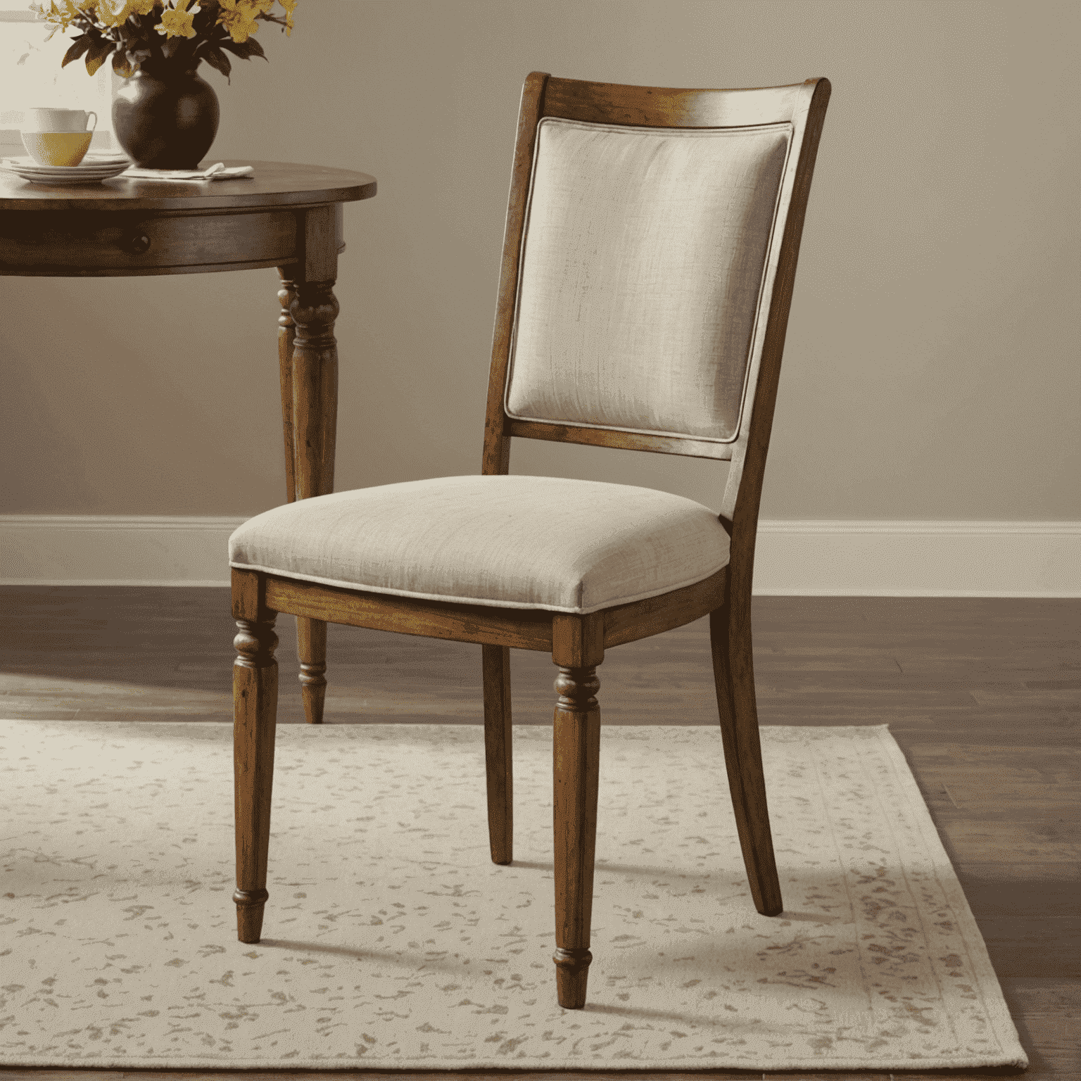 A dated dining chair set with beige fabric and visible stains