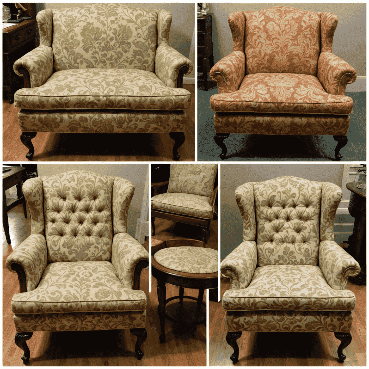 A collage of before and after images showing dramatic transformations of various furniture pieces through reupholstery