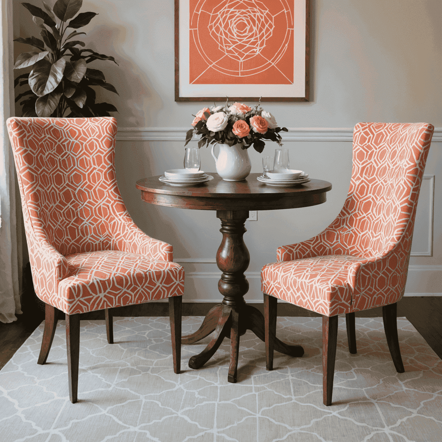 The same dining chairs reupholstered in a chic geometric pattern fabric in shades of coral and white