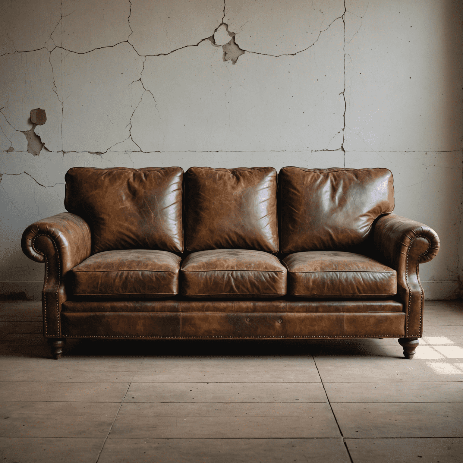 A worn leather sofa with cracks and faded color