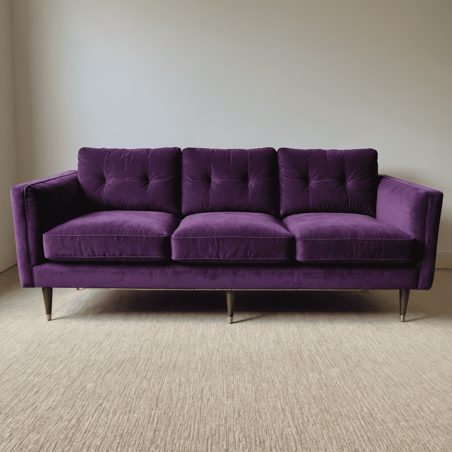 The same sofa reupholstered in a rich, deep purple velvet fabric with new, modern legs