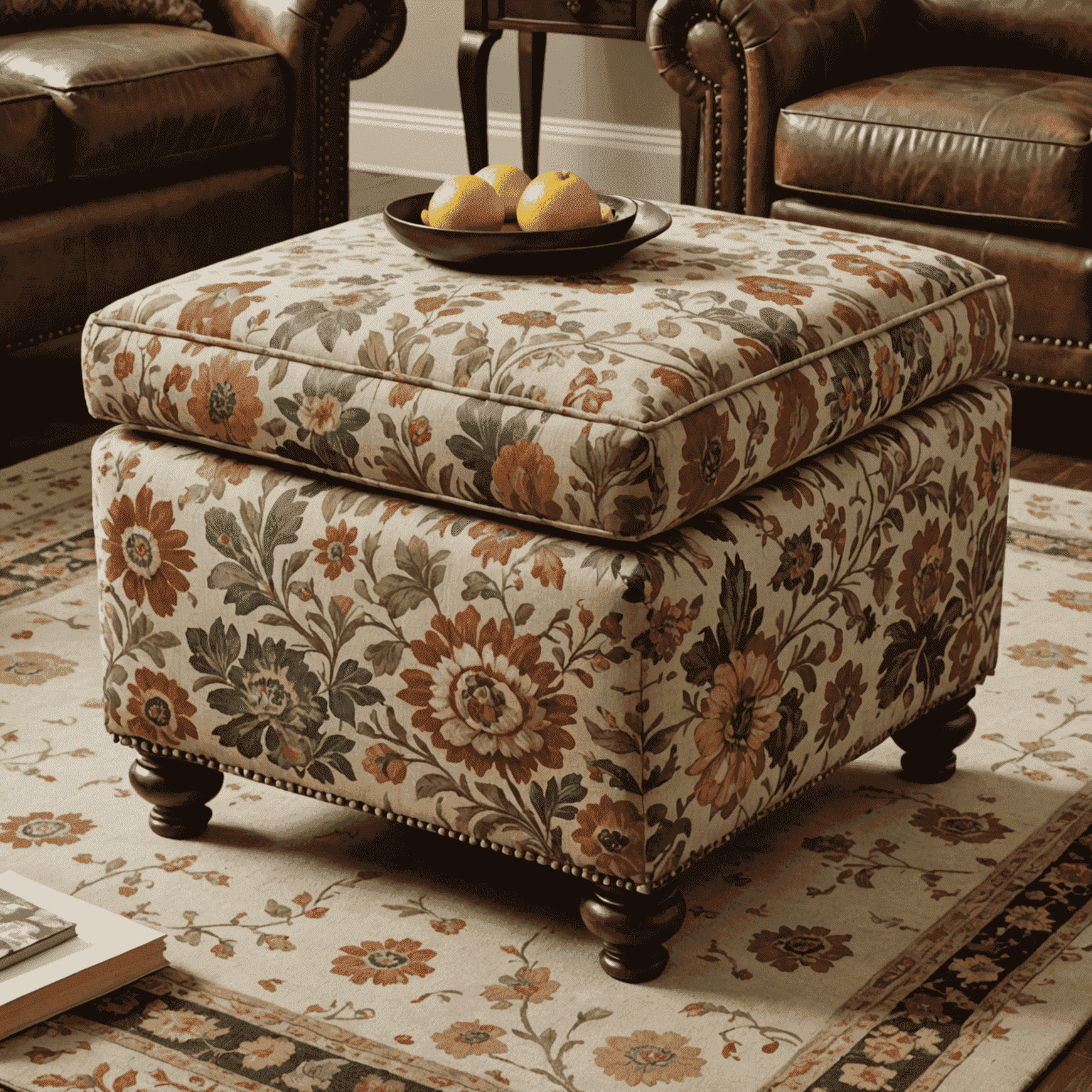 An outdated ottoman with a busy floral pattern and worn edges