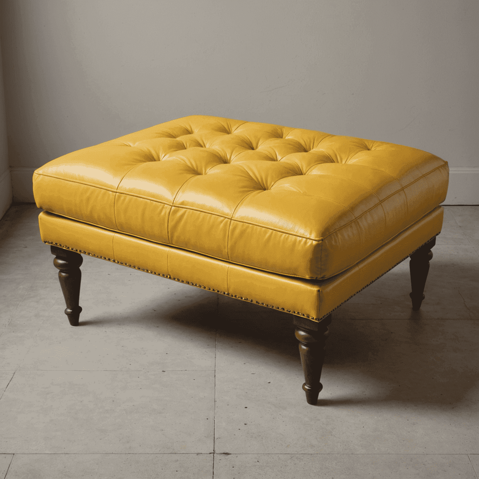 The ottoman reupholstered in a sleek, sunshine yellow leather with tufted detailing